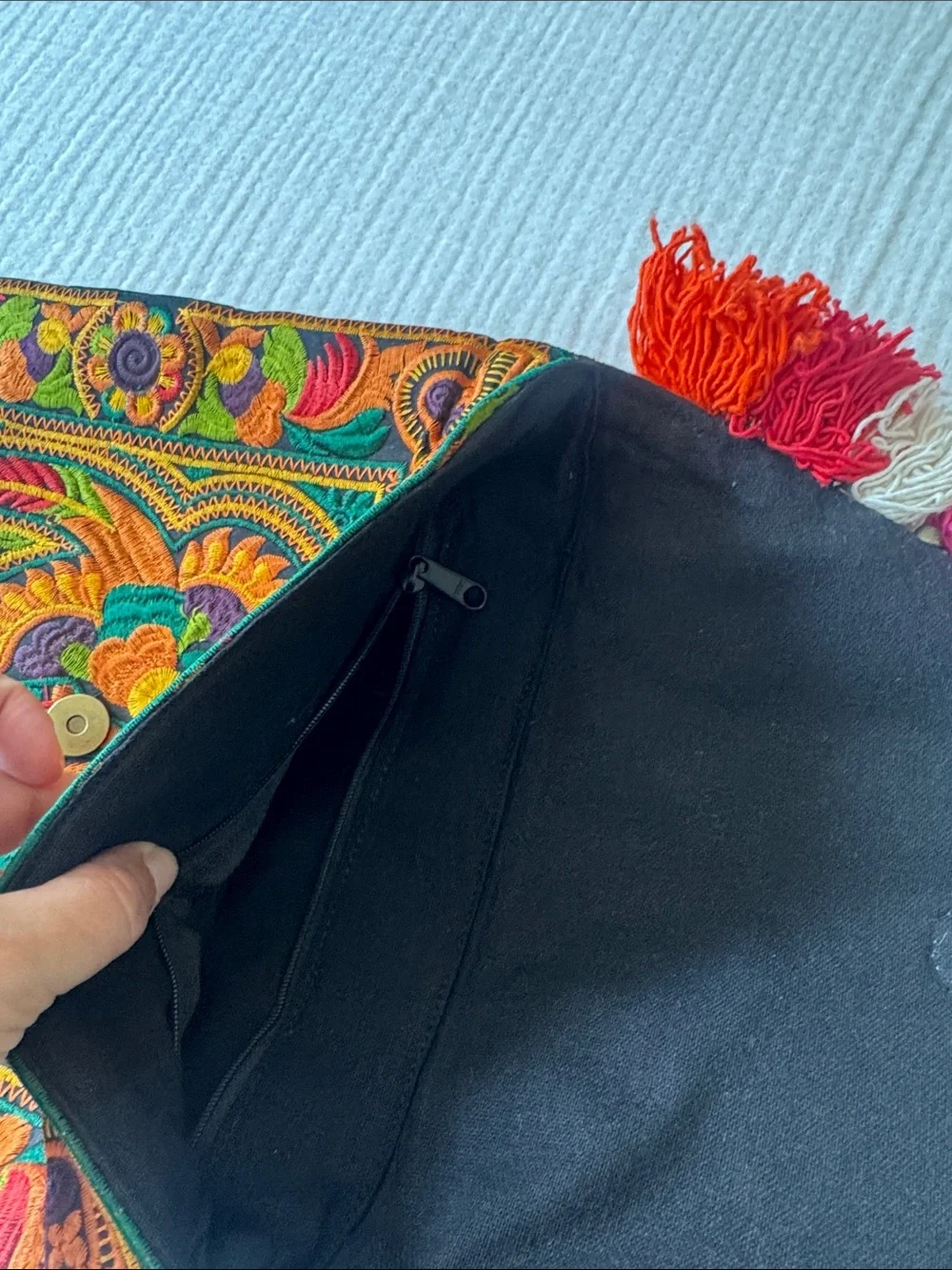 Hand Crafted Multicolor Tassel Clutch - Vibrant Orange & Green